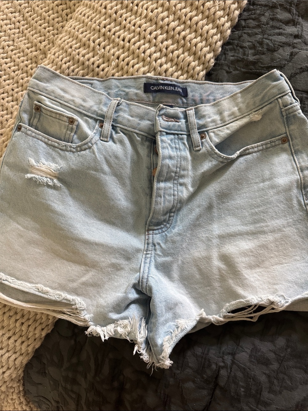 Calvin Klein Light Blue Distressed High-Rise Denim Shorts